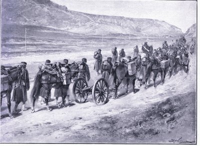 Ett batteri av fältvapen på väg till Ichon, illustration från Cassells History of the Russo-Japanese War Vol 1, c.1900 av Johannes Hermann Barend Koekkoek