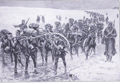 Japanska på marschen. Män i stället för packponnyer, illustration från Cassells History of the Russian-Japanese War Vol 1, c.1900 av Johannes Hermann Barend Koekkoek