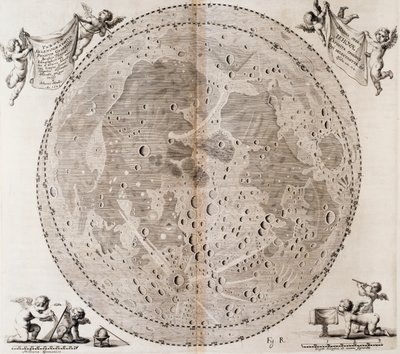 Första detaljerade karta över månen tecknad 1647 av Johann Hevelius, tryck hämtat från Johann Hevelius (1611-1687) himmelsatlas Selenographia sive Lunae descriptio, Gdansk av Johannes Hevelius