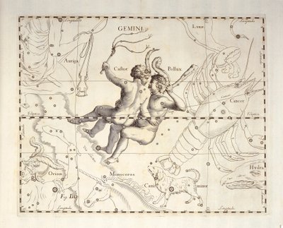 Tvillingarnas konstellation av Tvillingarna, gravering från himmelsatlas Firmamentum Sobiescianum sive Uronographia, av Johann Hevelius (1611-1687), Gdansk av Johannes Hevelius