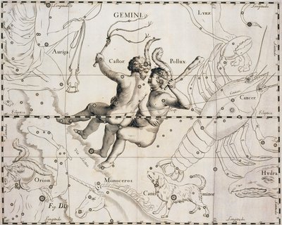 Stjärnbilden Tvillingarna, illustration från Firmamentum Sobiescianum sive Uranographia, av Johann Hevelius (1611-1687), Gdansk 1690 av Johannes Hevelius