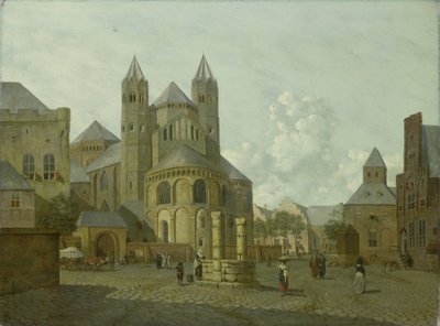 Fantasifull stadsbild med romansk kyrka av Johannes Huibert Prins