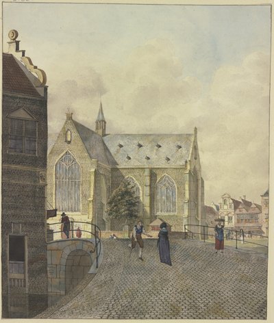 Kyrka vid en bro, en halt tiggare hos en dam av Johannes Huibert Prins