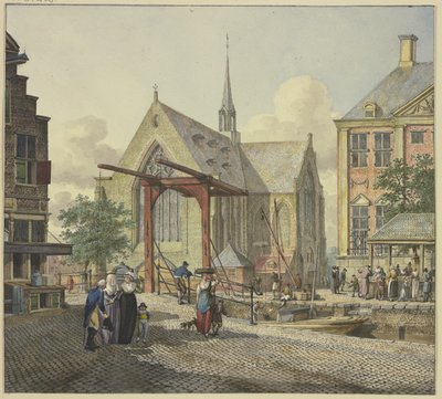 Slussport vid en kyrka, till vänster en beslöjad dam, en officer och en dam med en pojke av Johannes Huibert Prins