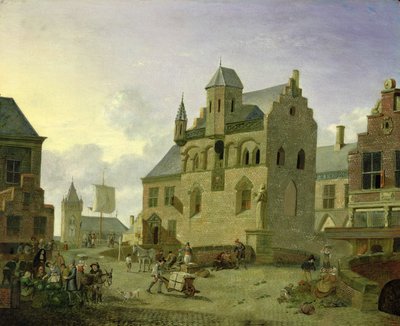 Torg med figurer och bönder som handlar på en marknadsplats (panel) av Johannes Huibert Prins