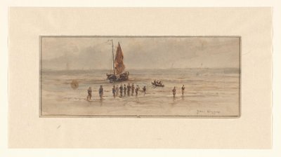 Strandscen med fiskare och segelfartyg av Johannes Huygens (signed by artist)