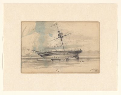 Segelfartyg med två roddbåtar av Johannes Huygens (signed by artist)