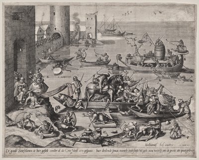 Saint Martin med sin häst på ett skepp av Johannes I van Doetecum (d. 1605)