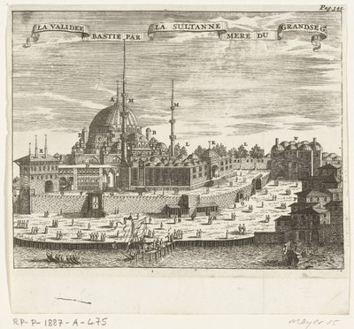 Utsikt över Yeni Cami La validee bastie par la sultanne mere du grandseg. (titel på objekt) av Johannes Jacobsz van den Aveele