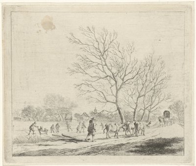 Vinterlandskap med kor och skridskoåkare december De tolv månaderna (serietitel) De färgade teckningarna av de 12 månaderna (...) (serietitel) av Johannes Janson