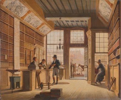 Der Laden des Buchhändlers Pieter Meijer Warnars am Vijgendam i Amsterdam. 1820 av Johannes Jelgerhuis