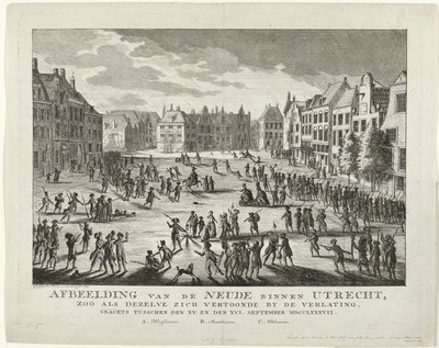 Patrioter lämnar Neude i Utrecht, 1787 Skildring av Neude inom Utrecht, som den såg ut under desertering på natten mellan XV. och XVI. September MDCCLXXXVII (titel på objekt) av Johannes Jelgerhuis
