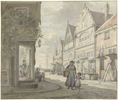 Kvinna och barn går på gatan i en fiskeby av Johannes Jelgerhuis