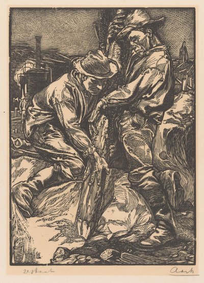 Byggnadsarbetare upptagna med pålning av Johannes Josephus Aarts (signed by artist)