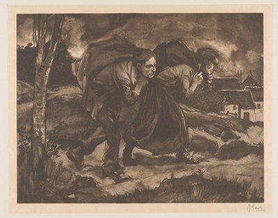 Man och kvinna med väska på ryggen av Johannes Josephus Aarts (signed by artist)