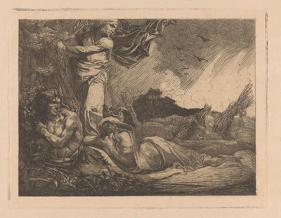 Landskap med vetefält, skördare, satyr och kvinnofigurer av Johannes Josephus Aarts