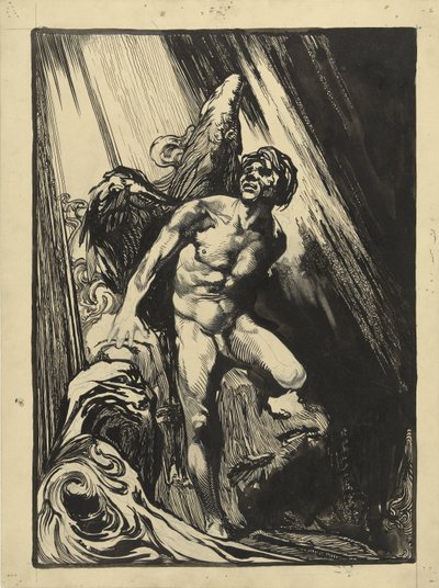 Lucifer i ett stenigt landskap vid en bäck, tittar upp mot ljuset av Johannes Josephus Aarts