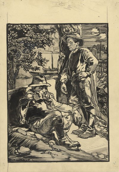 Två vallarbetare, den ene sitter, den andre lutad mot ett träd av Johannes Josephus Aarts