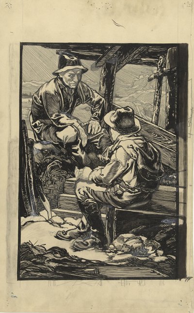 Två vallarbetare i en plankkoja av Johannes Josephus Aarts