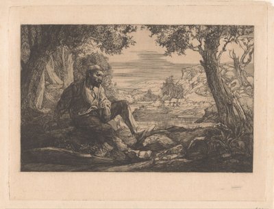 Sittande man i kuperat landskap av Johannes Josephus Aarts
