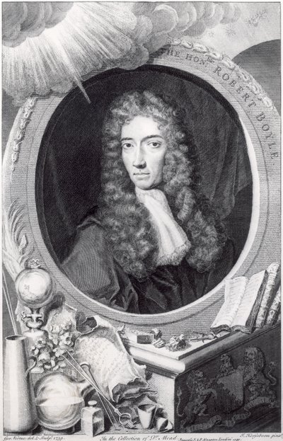 Porträtt av den ärade Robert Boyle (1627-91) graverad av George Vertue (1684-1756) 1749 av Johannes Kerseboom