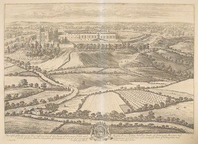 The Castle of Bolsover i Darbyshire: en av sätena för den ädlaste och mäktigaste prins John Holles hertig av Newcastle, markis och earle av Clare, Baron Haughton, Lord Lt. av ye County of Nottingham och av ye Town and County of ye Town från Nottingham an av Johannes Kip