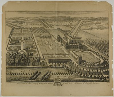 Wollaton Hall i County of Nottingham, skylt 68 från Britannia Illustrata av Johannes Kip