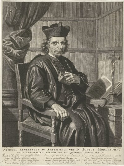 Portret van de pastor Justus Modersohn Den rätte pastor och store man herr Justus Modersohn, dog i Amsterdam 1693 den 8 januari vid 15 års ålder (titel på föremålet) av Johannes Klopper