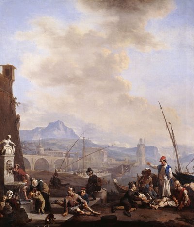En hamnstad i Medelhavet med en man som dricker vid en fontän, galärslavar, köpmän och hamnarbetare av Johannes Lingelbach
