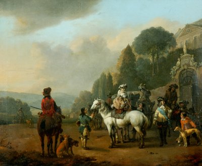 A Party of Falconers utanför portarna till ett slott (olja på duk) av Johannes Lingelbach