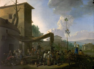 En byfestival, bönder glada utanför ett värdshus, tidigt 1650-tal av Johannes Lingelbach