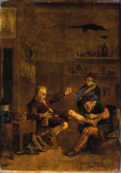 En kirurg som behandlar en mans fot. Mezzotint efter en komposition som tillskrivs Johannes Lingelbach. av Johannes Lingelbach