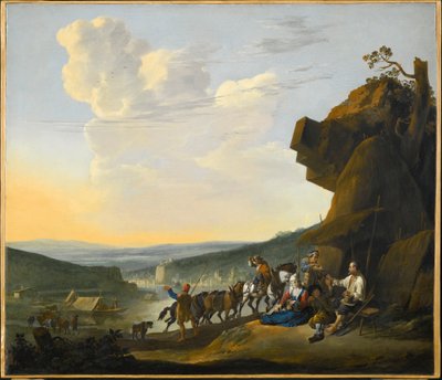 Tyska: Südliche Landschaft mit Fähre Sydligt landskap med utsikt över en bukt, med vilande resenärer av Johannes Lingelbach