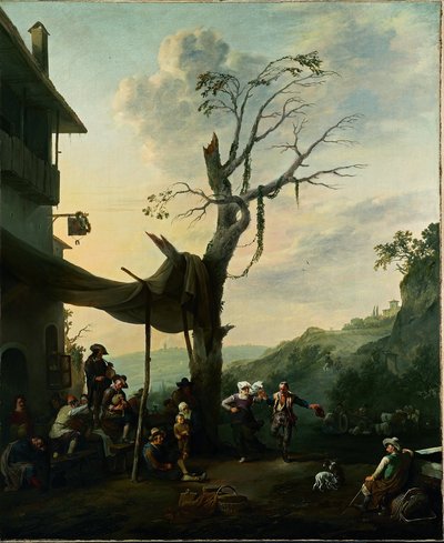 Bergslandskap med bönder som dansar och spelar musik framför ett värdshus av Johannes Lingelbach