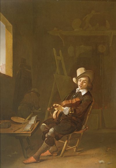 Självporträtt av konstnären som spelar fiol av Johannes Lingelbach