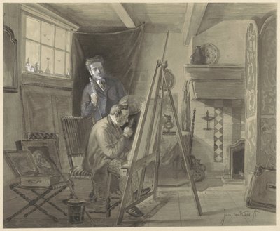 Självporträtt av Johannes Marius van Kate, stående i sin ateljé med en besökare av Johannes Marius ten Kate