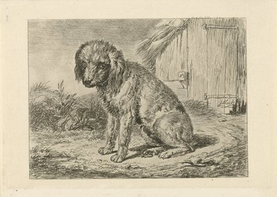 Sittande hund vid en lada av Johannes Mock