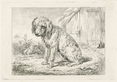 Sittande hund vid en lada av Johannes Mock