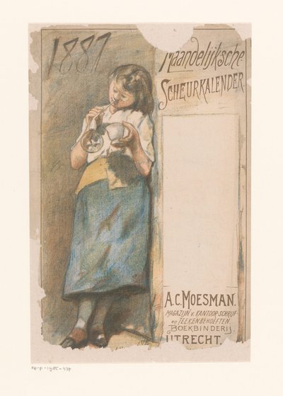 Riv av kalender med bubbelblåsande tjej Månatlig tårkalender 1887 (titel på objekt) av Johannes Moesman