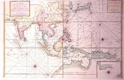 Kustkarta som sträcker sig från nordvästra Indien till norra Australien via Japan och Filippinerna, ca 1700 (färggrafit) av Johannes and Mortier Cornelis Covens