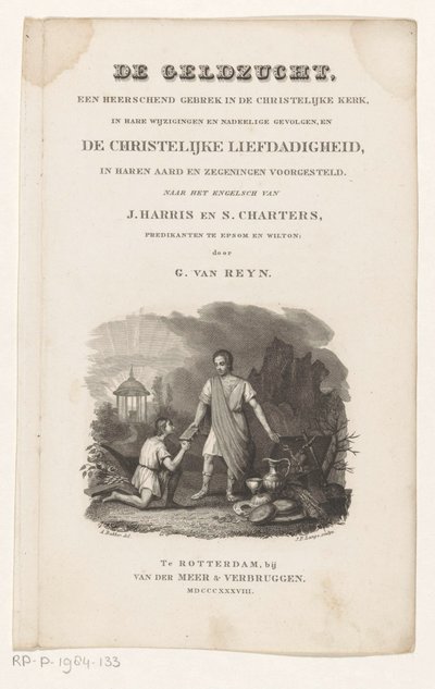 Två män vid en kista full av värdesaker Titelsida för: G. van Reyn, Penglusten, en regerande defekt i den kristna kyrkan, 1838 av Johannes Philippus Lange