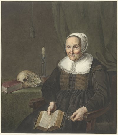 Porträtt av en sittande gammal kvinna med en öppen bok av Johannes Pieter de Frey