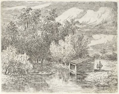 Båthus vid en flod av Johannes Pieter van Wisselingh
