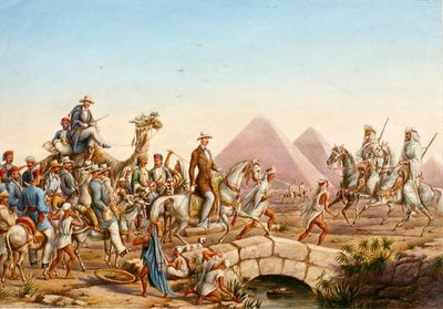 Prins Albert av Preussen med sitt följe på rundtur till pyramiderna i Giza (akvarell på papper) av Johannes Rabe