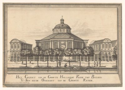 Utsikt över den nya holländska kyrkan i Batavia Utsikten från Groote Hollandse Kerk till Batavia Te Sien från andra sidan Groote Revier (titel på objekt) av Johannes Rach