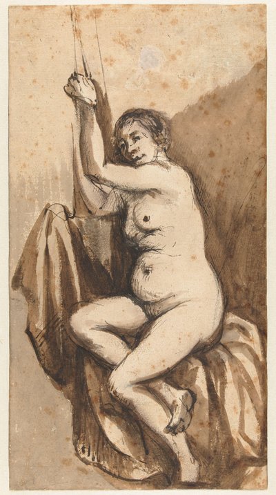 Sittande kvinna naken med upphöjda armar av Johannes Raven (attributed to)