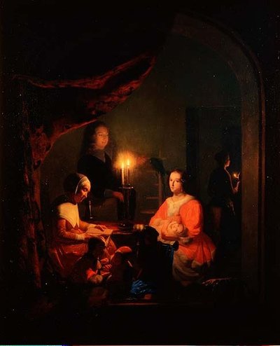 En familj i en interiör med levande ljus av Johannes Rosiere