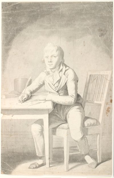 Ung skrivande pojke sitter vid ett bord av Johannes Senn