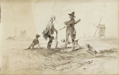 Jägare med hundar i ett landskap med en väderkvarn av Johannes Tavenraat