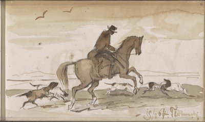 Landskap med en ryttare och springande hundar av Johannes Tavenraat
